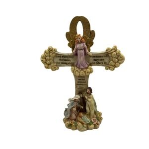 Nativity Scene Religious Cross Figurine Matthew 2:11 Angel Holy Family 10 Inch